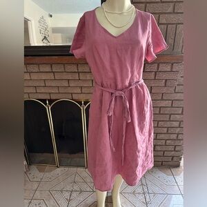 Grae Cove 100 % Linen  V-Neck Tie-Waist Midi Dress in Rose Pink